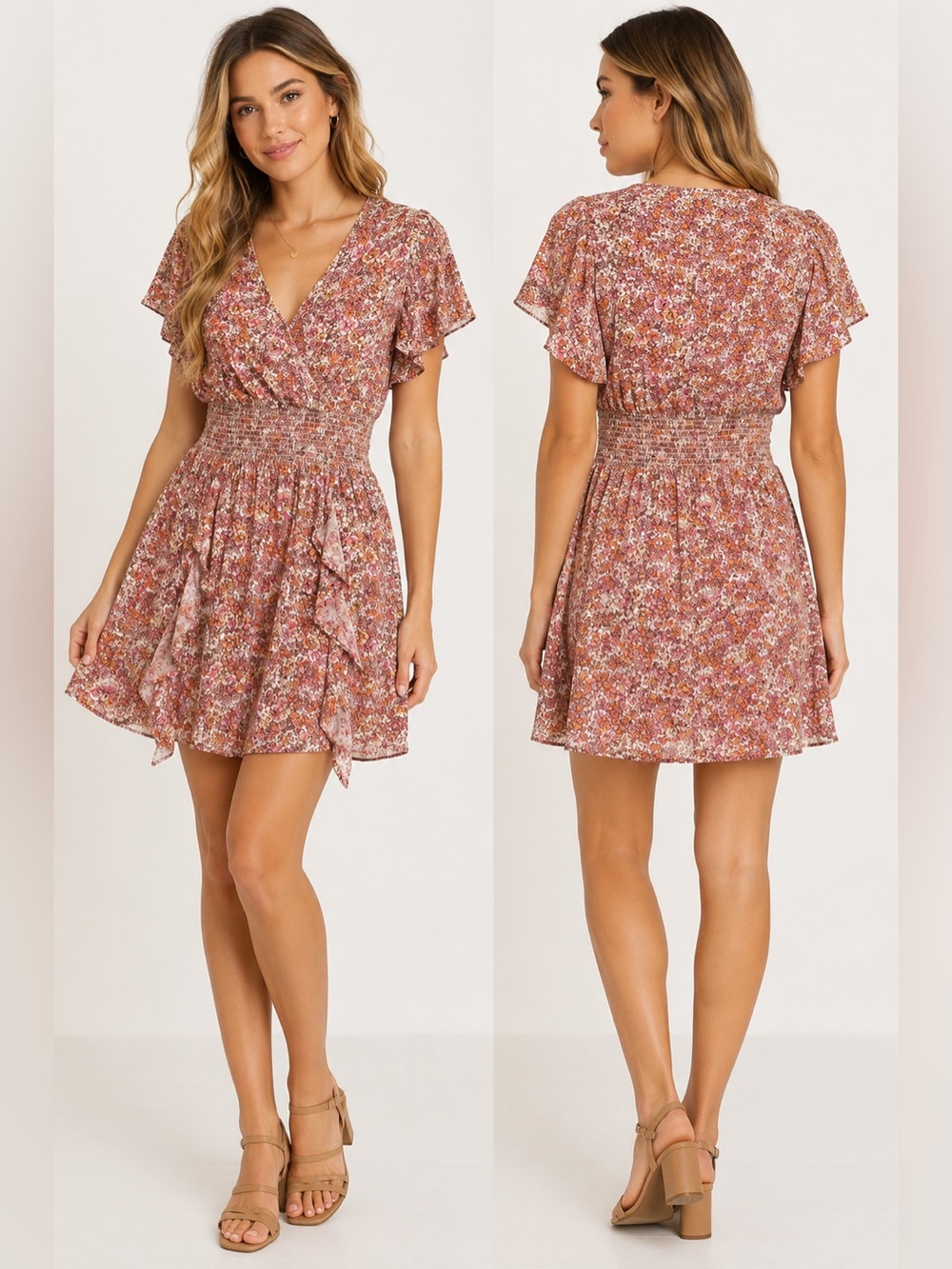 Japna Floral Smocked Mini Dress Small | Boho Flutter Sleeve Cottagecore